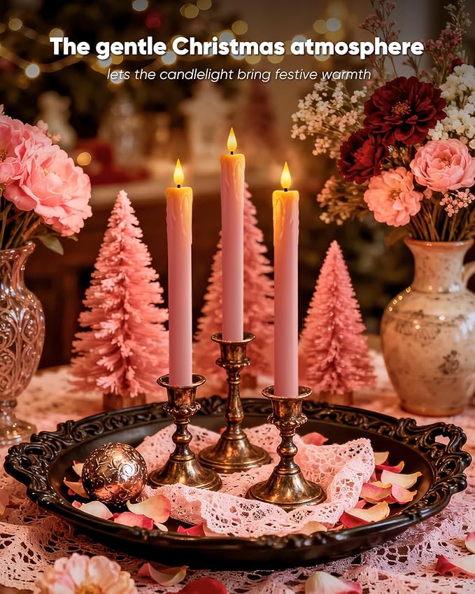 Homemory 6 Pcs Real Wax Pink Flameless Taper Candles with Remote Timer, 9.6 Inches LED Fake Candlesticks, LED Candle with 3D Flickering Flame for Romantic Wedding, Dinner, Xmas Anniversary Decor