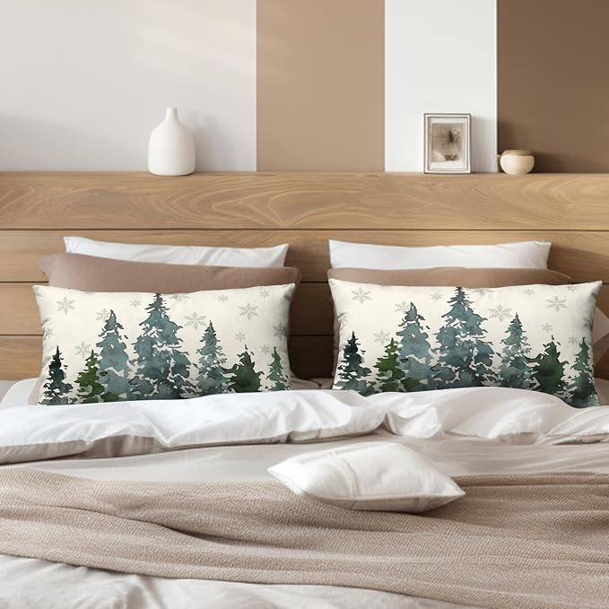 Watercolor Pine Tree Lumbar Pillow Covers 12x20 Winter Rustic Nature Forest Rectangle Pillow Covers Set of 2 Green Forest Woodland Cotton Linen Cushion Case for Couch Outdoor Living Room