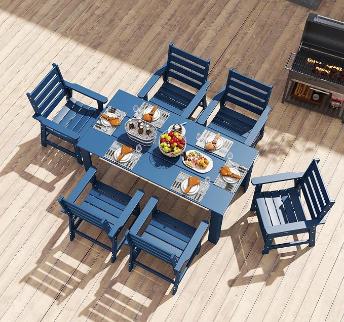 BRIOPAWS Outdoor Dining Table | HDPE | 67” Patio Rectangle Tables | All Weather | Umbrella Hole | Patio Furniture Set for 4-6 Person | Blue