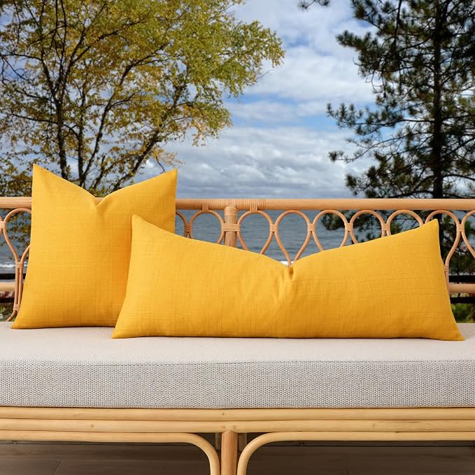 Kevin Textile Outdoor Waterproof 14”x36” Pillow Cover 1 Pack, Dark Yellow | Water Resistant, Soft Faux Linen-cotton Yarn-dyed Woven Texture Throw Pillow Covers for Tent Patio Garden Couch Sofa