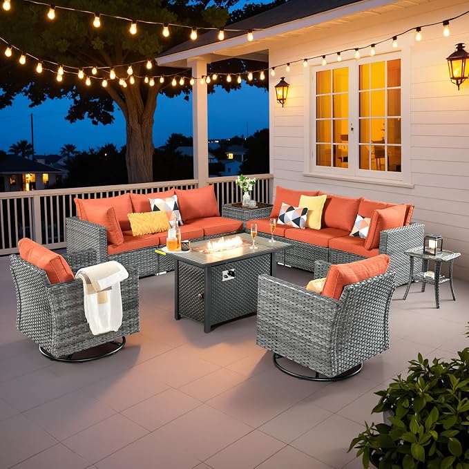 Weaxty 11 Piece Patio Furniture Set with Fire Pit Table, Outdoor Sectional Couch Swivel Rocker Patio Chairs with Coffee Table Wicker Conversation Sets for Balcony Backyard, Orange Red