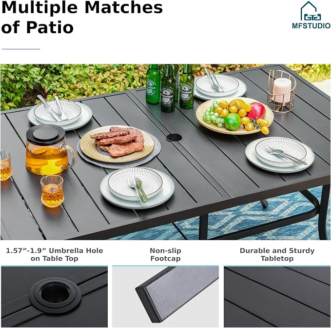 MFSTUDIO 7-Piece Patio Dining Set, Swivel Metal Chairs, Umbrella Hole | 59" Rectangular Metal Table, Beige, Removable Cushions