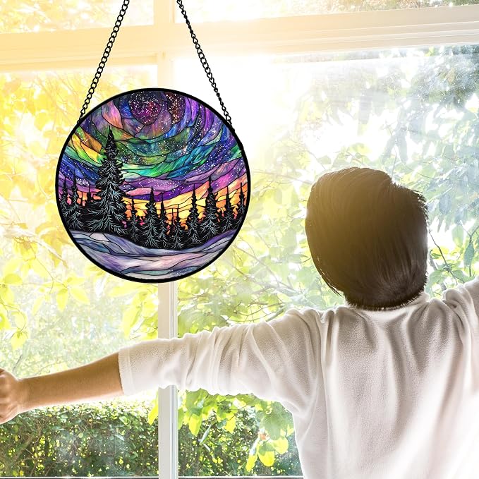 DASTOLL Stained Glass Window Hanging, Van Gogh Night Scene Sun Catchers Colorful Glass Panel Starry Sky Suncatcher Decor for Birthday for Women, Men, Wife, Aunt, and Mom 11.8x11.8 in