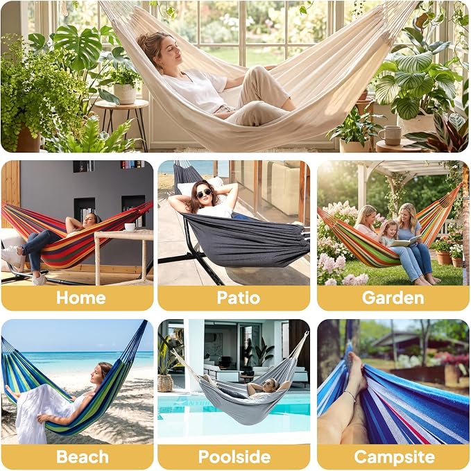 ANYOO Cotton Hammock Portable Camping Hammocks for Hanging Sturdy Garden Comfortable Fabric Hammock with Tree Straps Up to 660lbs with Travel Bag for Camping Outdoor/Indoor Patio Backyard