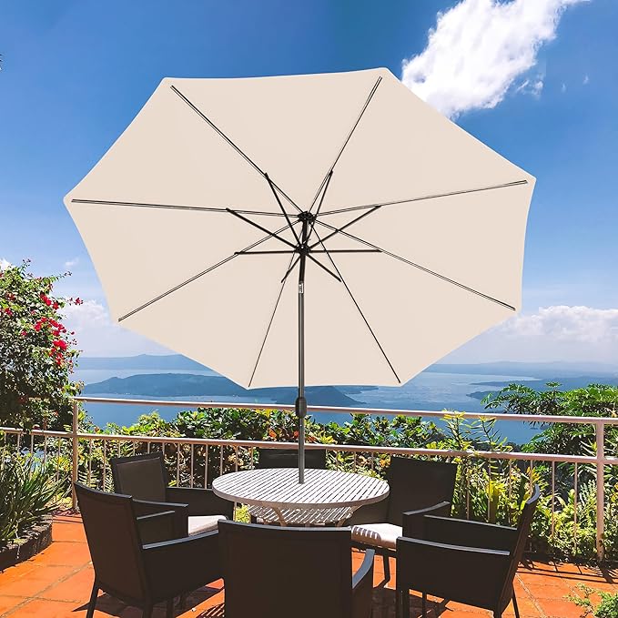 Sundale Outdoor Solar 88 LED 10 ft Patio Umbrella with Sand Bag Umbrella Base, Outdoor Umbrella with Tilt and Crank, Beige