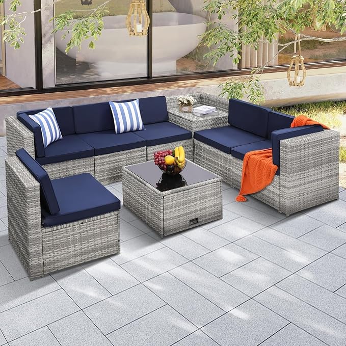 8-Piece Outdoor Wicker Patio Furniture Set with Glass Top Table Featuring Hidden Storage for Backyard, Garden, Deck, or Porch(Blue)