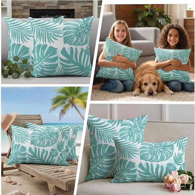 Aqua Teal Palm Leaves Outdoor Pillow Covers 16"x16" Set of 2, Tropical Botanical Minimalist Modern Waterproof Throw Pillow Covers for Patio Furniture, Decorative Cushion Covers for Porch