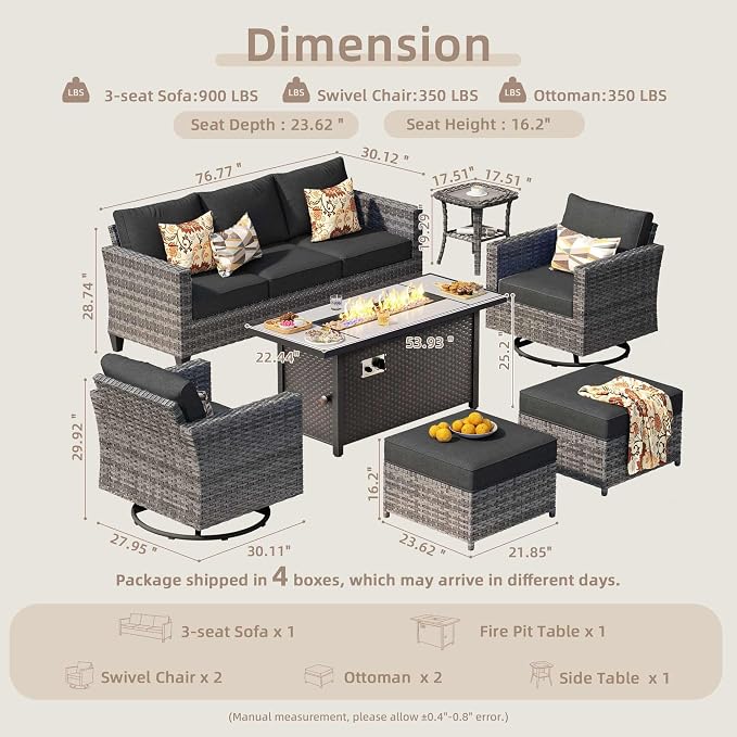 CAODOC 7-Piece Outdoor Wicker Patio Set with 7 Seats, Including 53" Fire Pit - Swivel Rocker Chairs and Conversation Set for Backyard or Lawn, Gray Rattan with Waterproof Black Cushions