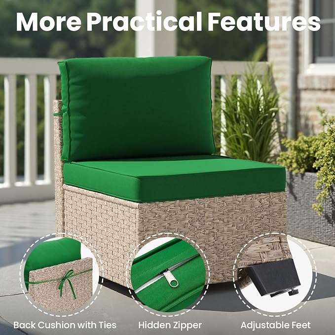 Soohow 7-Piece Patio Furniture Set, Outdoor Sectional All-Weather Wicker Patio Conversation Set for Garden, Porch, Backyard - Green Cushions