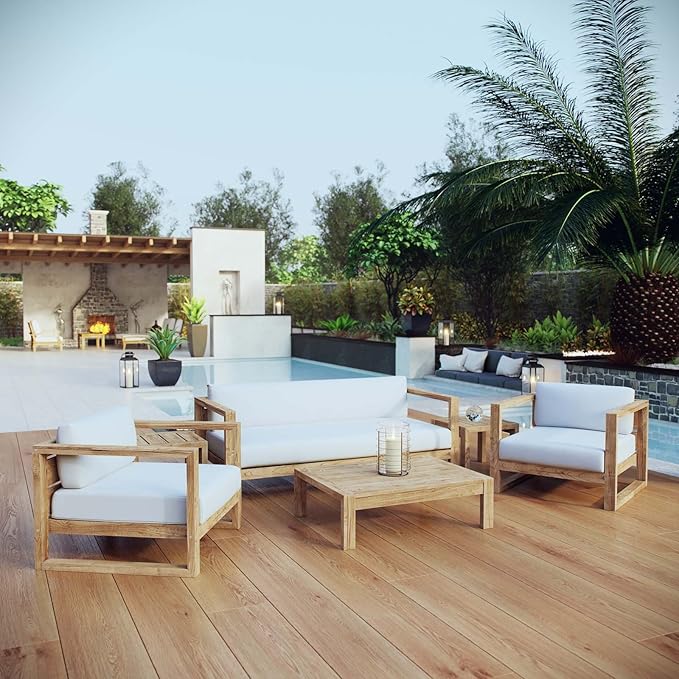 Modway Upland Teak Wood Outdoor Patio 6-Piece Sectional Sofa Set with Cushions in Natural White