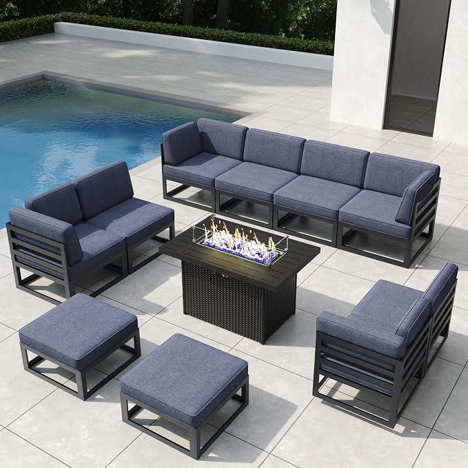11 Pieces Aluminum Patio Furniture Set with Propane Gas 44" Fire Pit Table, Metal Outdoor Conversation Sofa Set with Seating Cushions
