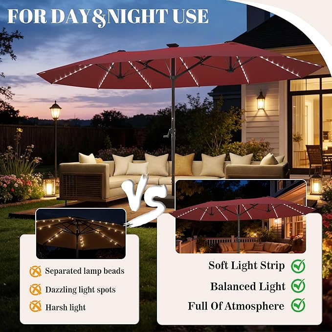 GDPFN 13ft Rectangular Patio Umbrella with Solar LED Lights, Double-Sided Outdoor Market Umbrella with Base Included, Extra Large Shade for Pool, Deck, Backyard, Garden, Burgundy