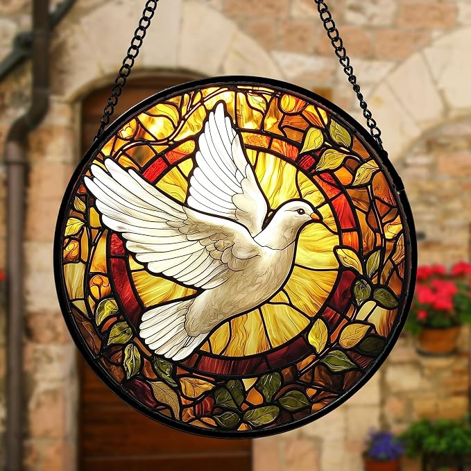 DASTOLL Stained Glass Window Hanging, Flying White Dove Sun Catchers Diamond Glass Panel Hangings Cute Birds Suncatcher Decor for Birthday for Women, Men, Wife, Aunt,and Mom 7.8X7.8IN