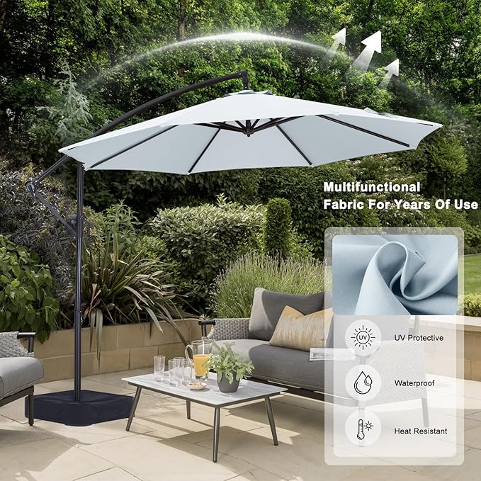 ABCCANOPY 10FT Cantilever Patio Umbrella with base included, 360° Rotation Outdoor Offset Umbrella Bonus Fix Frame & Weights Bag for Backyard, Deck, Poolside (Gray)