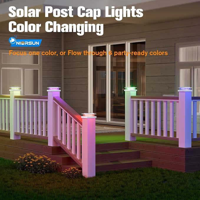 NIORSUN 4x4 Post Solar Lights Color Changing,Solar Post Light,12 Pack White | RGB Solar Post Cap Lights for 4x4 Post Caps Wood Vinyl,5x5 Vinyl,IP44 Waterproof Fence Post Solar Lights Outdoor for Deck