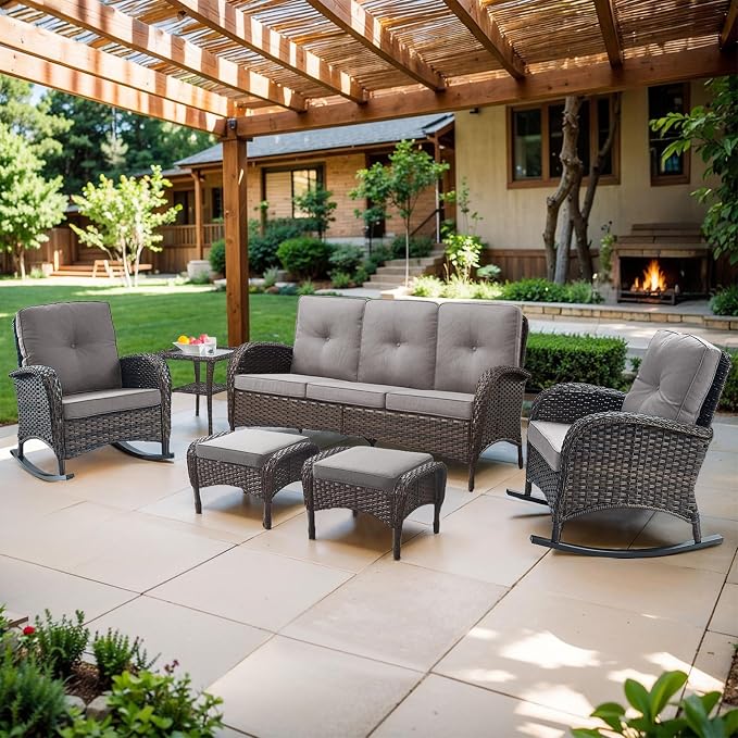 Belord Patio Rocking Chairs Furniture Set of 6, Outdoor Wicker Furniture Sets with Wicker Rocker, Small Patio Conversation Sets with Outdoor Couch Ottomans Brown/Grey