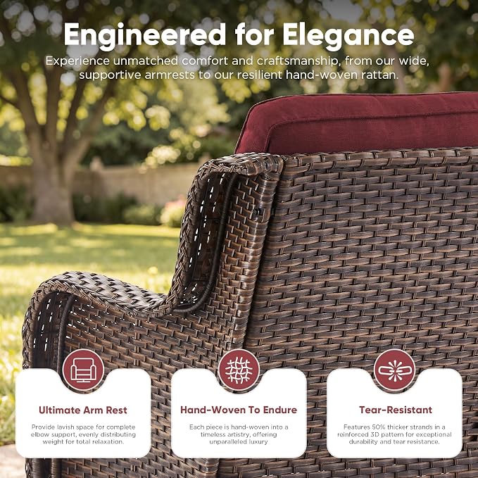 Belord 3-Piece PE Wicker Outdoor Sofa with 2 Ottomans, Luxury Patio Couch Convertible to Chaise Lounge, All-Weather High Back Deep Seat Woven Furniture for Deck, Porch - Brown/Red