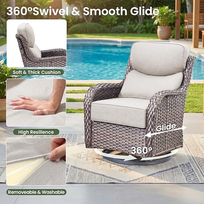 Luxury Patio Furniture Set with 6-inch Thick Cushion, Outdoor Furniture with Fire Pit Table, Swivel Chairs, Side Table, Sofa, 5pcs Wicker Conversation Set for Deck Yard (Brown Wicker | Beige Cushion)