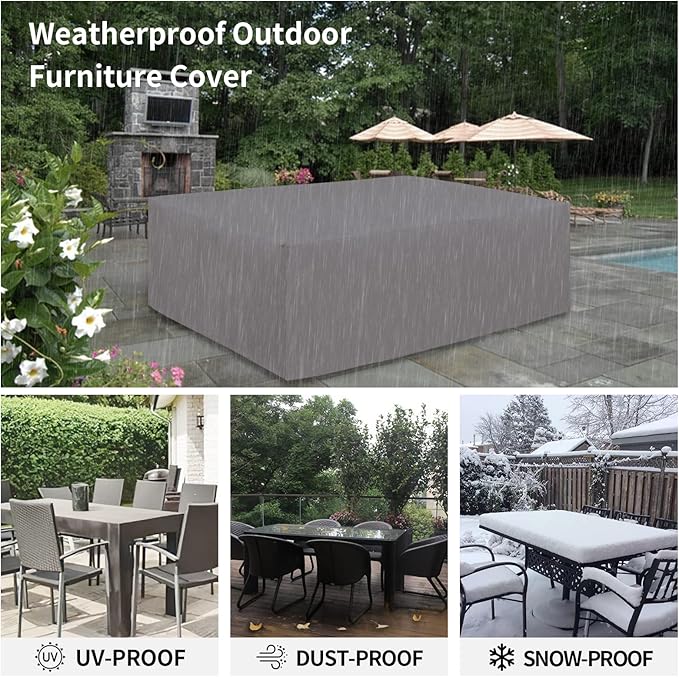 Easy-Going 600D Heavy Duty Patio Furniture Cover, Outdoor Rectangular Table and Chair Set, Waterproof Sectional Set (124"L x 71"W x 28"H, Grey)