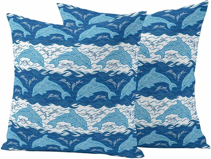 Waterproof Pillow Covers Set of 2,Summer Sea Dolphins Outdoor Pillow Protectors with Zipper Pillowcases for Patio Tent Garden Beach 16x16 Inches Blue White Waves