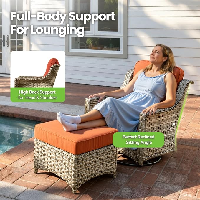 3 Piece Patio Furniture Set, Outdoor High Back Swivel Rocker Chairs Set of 2 with Side Table, All Weather Wicker Glider Chair with Thick Cushions for Backyard Balcony Porch, Orange