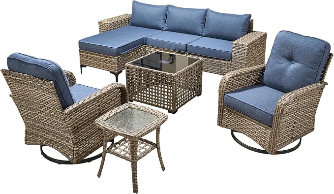8-Piece Wicker Outdoor Sectional Furniture, Wide Armrest Patio Couch with Swivel Rocking Chair Ottoman Solar Table, Modular Sofa Rattan Conversation Sets for Backyard Deck Garden, Denim Blue