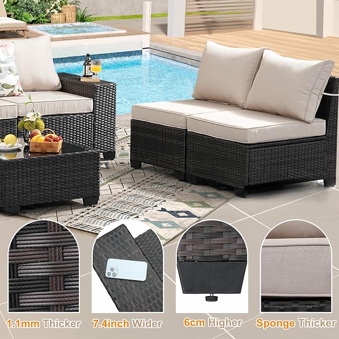 9 Pieces Patio Furniture Set, Wicker PE Rattan Outdoor Sectional with Cushion & Coffee Table, Patio Conversation Sofa for Garden, Backyard, Poolside, Beige