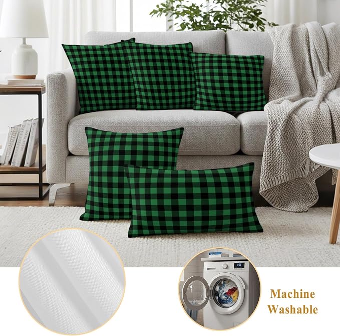 Forest Green Checks Outdoor Pillow Covers 20"x20" Set of 2, Black Gingham Plaid Abstract Modern Waterproof Throw Pillow Covers for Patio Furniture, Decorative Cushion Covers for Porch