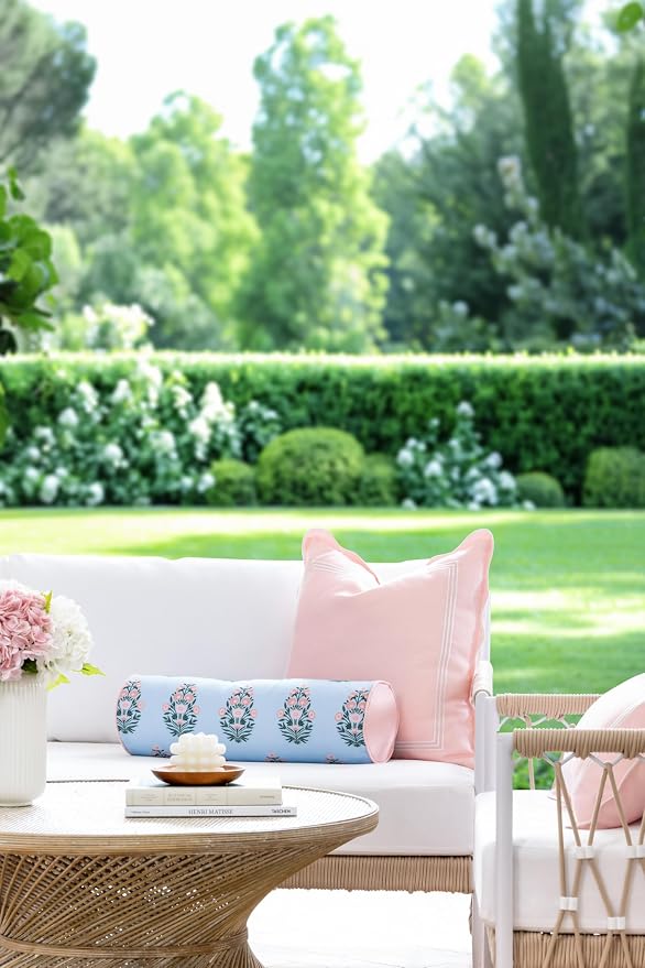 Hofdeco Premium Coastal Grandmillennial Patio Indoor Outdoor Bolster Pillow Cover Only, 6"x20" Water Repellent for Backyard, Couch, Poolside, Baby Blue Pink Print Flower