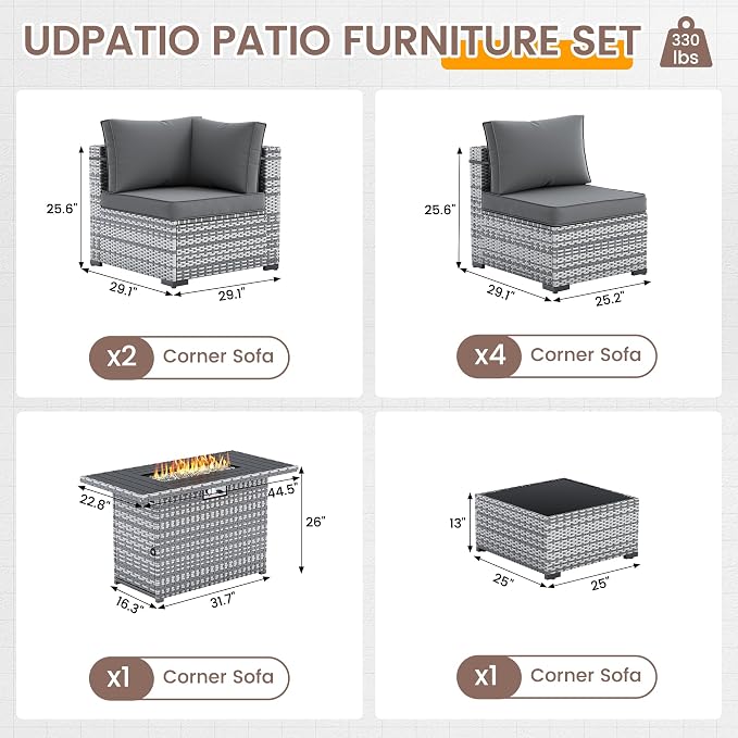 UDPATIO Patio Furniture Set with Fire Pit Table, 8 Pcs Outdoor Sectional Sofa, PE Wicker Patio Conversation Set for Garden, Backyard (Grey Cushions with Grey Rattan)