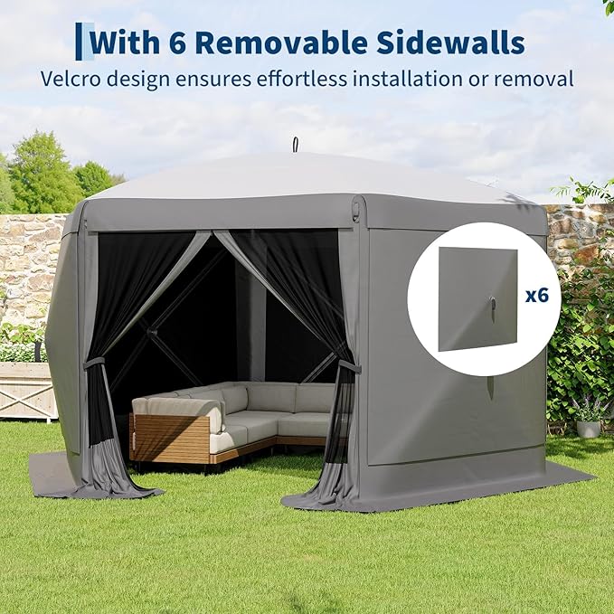 GarveeLife 13x13FT 6-Sided Pop Up Canopy Tent，One-Push Setup Canopy Tent with Removable Canopy Top & Wind Cloths, Outdoor shelter for Camping, Backyard Parties, Outdoor Events - Grey