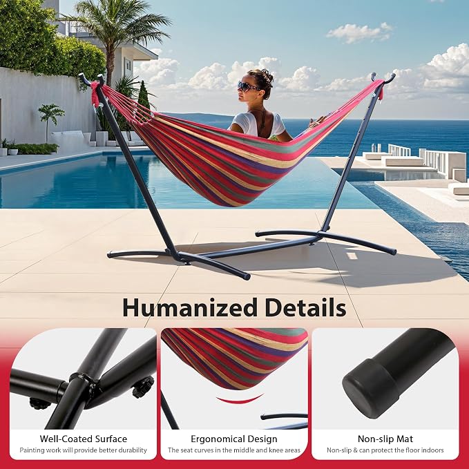 Camping Hammock with Stand - Heavy Duty 400lb Portable Outdoor Double Hammock Set with Carry Bag, Space Saving No Trees Needed 2 Person Hammock for Backyard, Beach, Deck (Red)