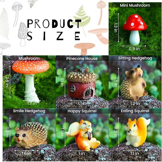 Fairy Garden Accessories, 7 Pieces Squirrel & Hedgehog Resin Figures with Acorn & Mushroom, Handmade Miniature Decor, Garden Miniatures and Home Decorations, Perfect DIY Gift