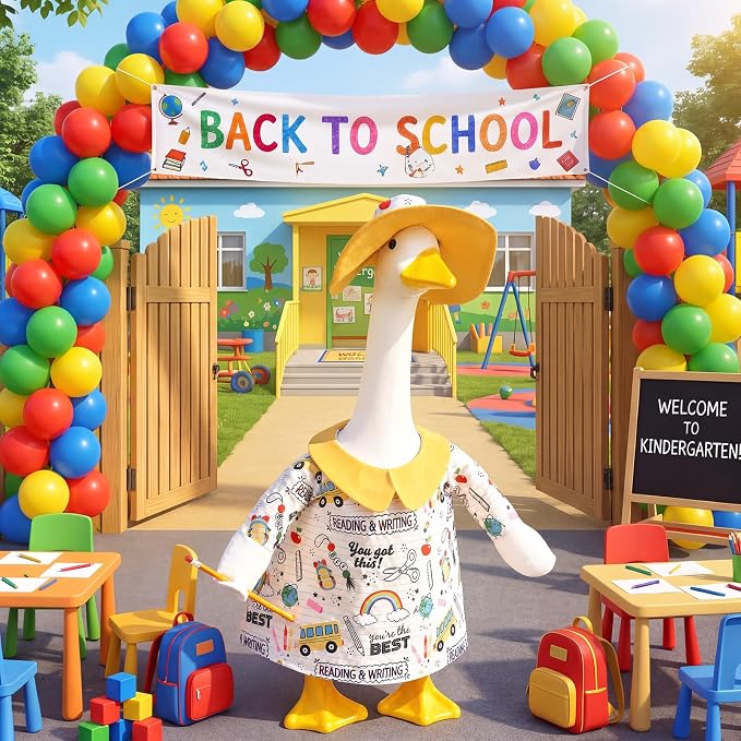 Outus Back to School Porch Goose Outfits Includes Notebook Doodle Shirt Yellow Sun Hat and Pencil Prop First Day of School Classroom Goose Clothing for Outdoor Garden Yard Patio Lawn 23" Statue