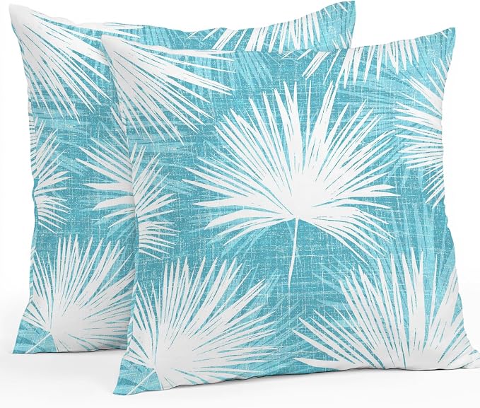 Throw Pillow Covers 16x16 Inch Set of 2, Aqua Blue Palm Leaves Coastal Waterproof Outdoor Pillow Covers, Summer Tropical Botanical Decorative Cushion Pillowcases for Couch, Sofa, Bed, Garden, Patio