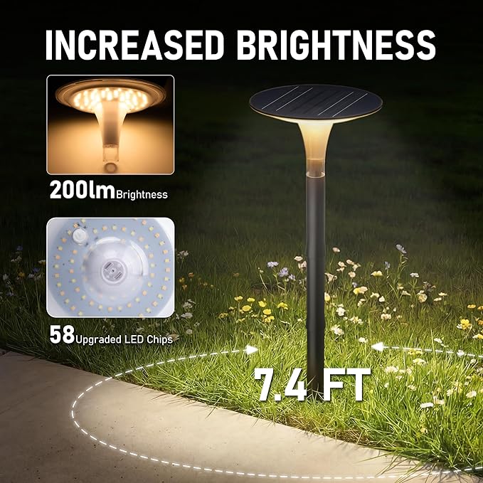 JOFIOS Solar Pathway Lights 6 Pack, 3 Color Modes, 200LM 58 LEDs Bright Landscape Lighting, 2000mAh Battery 10H+ Runtime, IP65 Waterproof Modern Walkway Lights for Garden Yard Driveway