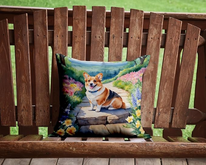 Caroline's Treasures Corgi Spring Path Throw Pillow Machine Washable, Indoor Outdoor Decorative Pillow for Couch, Bed or Patio, 14Hx14W