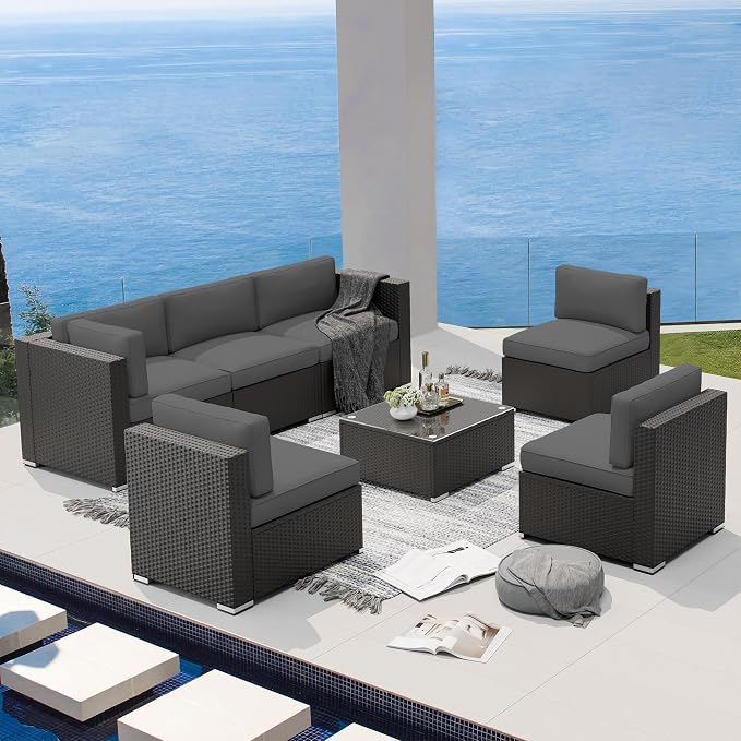 Betterland 7 Piece Outdoor Sectional Sofa Patio Furniture Set, All-Weather PE Rattan Wicker Patio Conversation Set with Washable Cushion, Glass Table and Waterproof Cover(Grey)