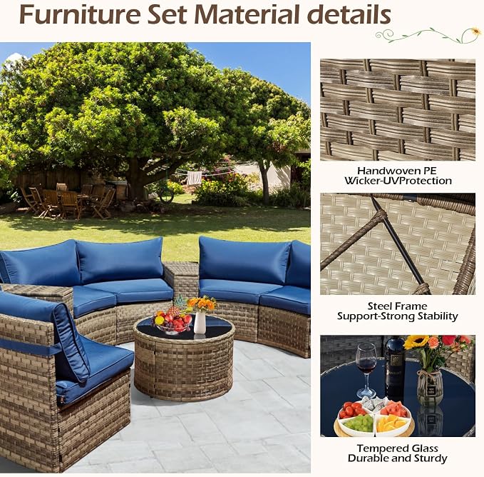 ECOTOUGE Large Half-Moon Outdoor Patio Furniture Set, 9 Piece Wicker Rattan Patio Sectional Furniture Sofa Set Conversation Set for Pool Backyard Balcony Garden(Blue)