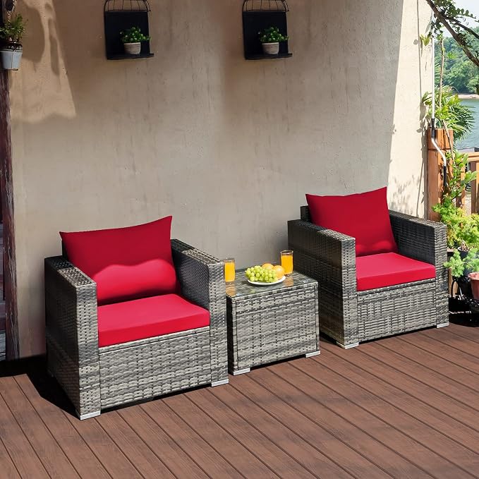 COSTWAY 3-Piece Patio Furniture Set, Outdoor Wicker Rattan Sofa with Cushions and Coffee Table, Conversation Chair Set for Poolside Backyard Balcony Lawn (Red)