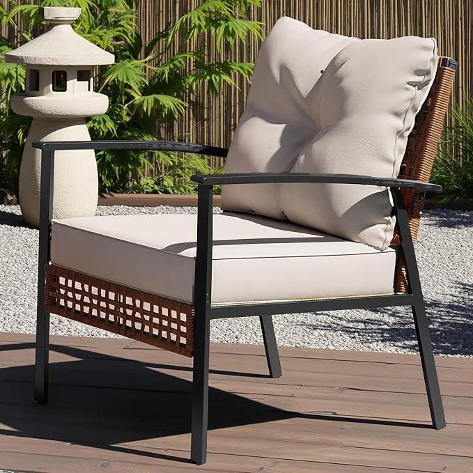 LAUSAINT HOME 2 Pieces Wicker Patio Conversation Chairs Set, Oversized Outdoor Furniture Set with Soft Cushions for Backyard, Garden, Patio (Beige)