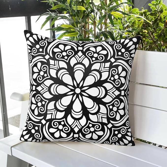 cygnus Boho Waterproof Outdoor Pillow Covers 18x18 inch Black and White Mandala Outdoor Pillows for Patio Furniture,Garden,Deck, Porch