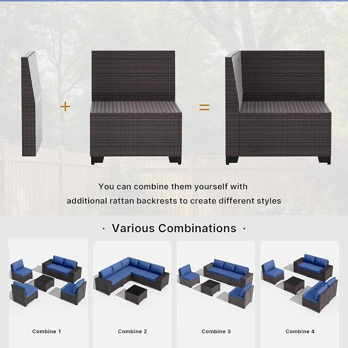 Gotland 6 Pieces Patio Furniture Set with 1 Coffee Table, 5 Seater Rattan Outdoor Sectional with Wide Armrests 29.5'' High Backrest Thick Waterproof Cushions, Conversation Sets for Deck Garden Navy