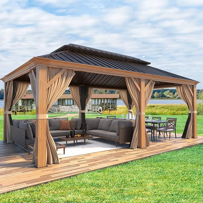 EROMMY 12'x20' Hardtop Gazebo, Wooden Finish Coated Aluminum Frame Pergola with Galvanized Steel Roof, Outdoor Metal Gazebos with Curtains and Nettings for Patio, Backyard, Deck and Lawns