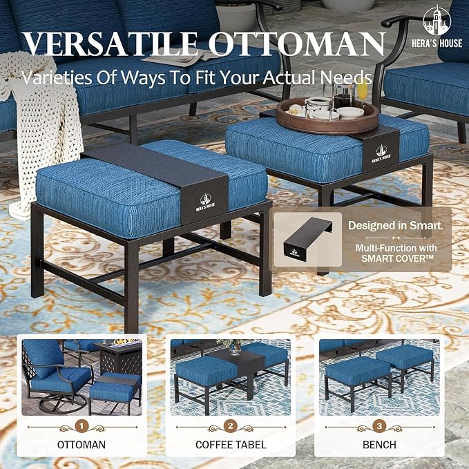 HERA'S HOUSE 6 Pieces Patio Furniture Set with Fire Pit Table, 2 x Single Chair, 2 x Ottoman, 3-Seat Sofa with 45" Fire Pit Table, Outdoor Conversation Set for Garden Poolside Backyard, Pacific Blue