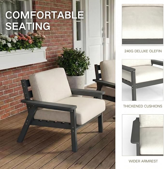 Kingdura HDPE Patio Furniture Set, 3 Piece Outdoor Sectional Sofa with Coffee Table, All Weather Outdoor Couch Conversation Set with Washable Cushions for Backyard Poolside Balcony