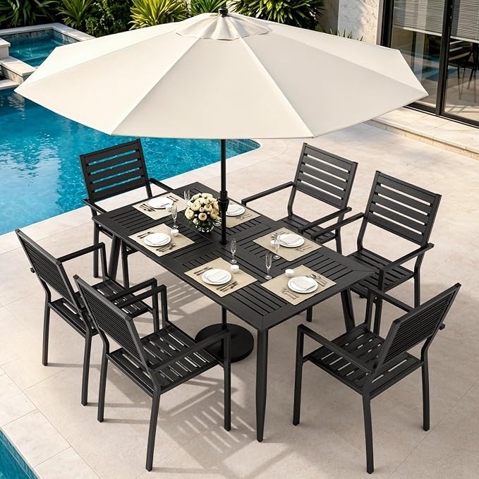 Pamapic 7-Piece HDPE Outdoor Dining Set, All-Weather Patio Furniture Set with Powder-Coated Iron Frame, Outdoor Table & 6 Stackable Chairs for Garden, Backyard, Poolside, Deck