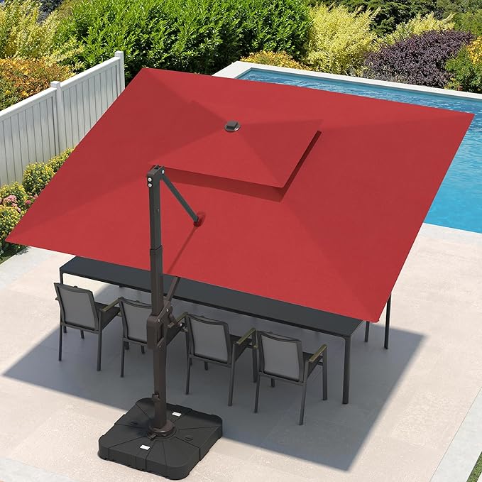 9x12 FT Cantilever Patio Umbrella with Base and Led Lights Double Top Outdoor Rectangular Large Heavy Duty Aluminum Offset Umbrellas with 7 Level Tilt 360-degree Rotation for Pool Garden Deck, Wine Red