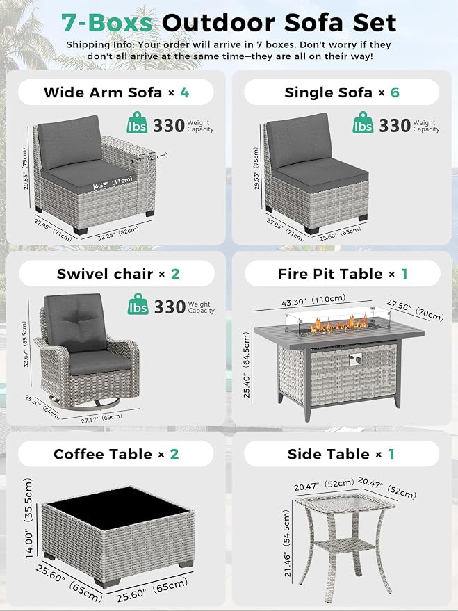 16 Piece Outdoor Wicker Sectional Sofa Set with Swivel Chairs & Fire Pit Table, 12-Seats with 4" Thickened Cushions & Coffee Table, All-Weather PE Rattan for Garden, Backyard, Charcoal Gray