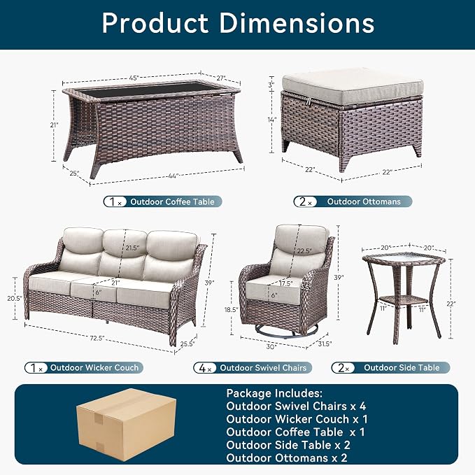 Luxury 10 Pieces Patio Furniture Set, Wicker Swivel Rocker Patio Chairs with 6" Thick Cushion, Outdoor Wicker Sofa with Coffee Table, All Weather Outdoor Conversation for Garden Porch(Brown/Beige)